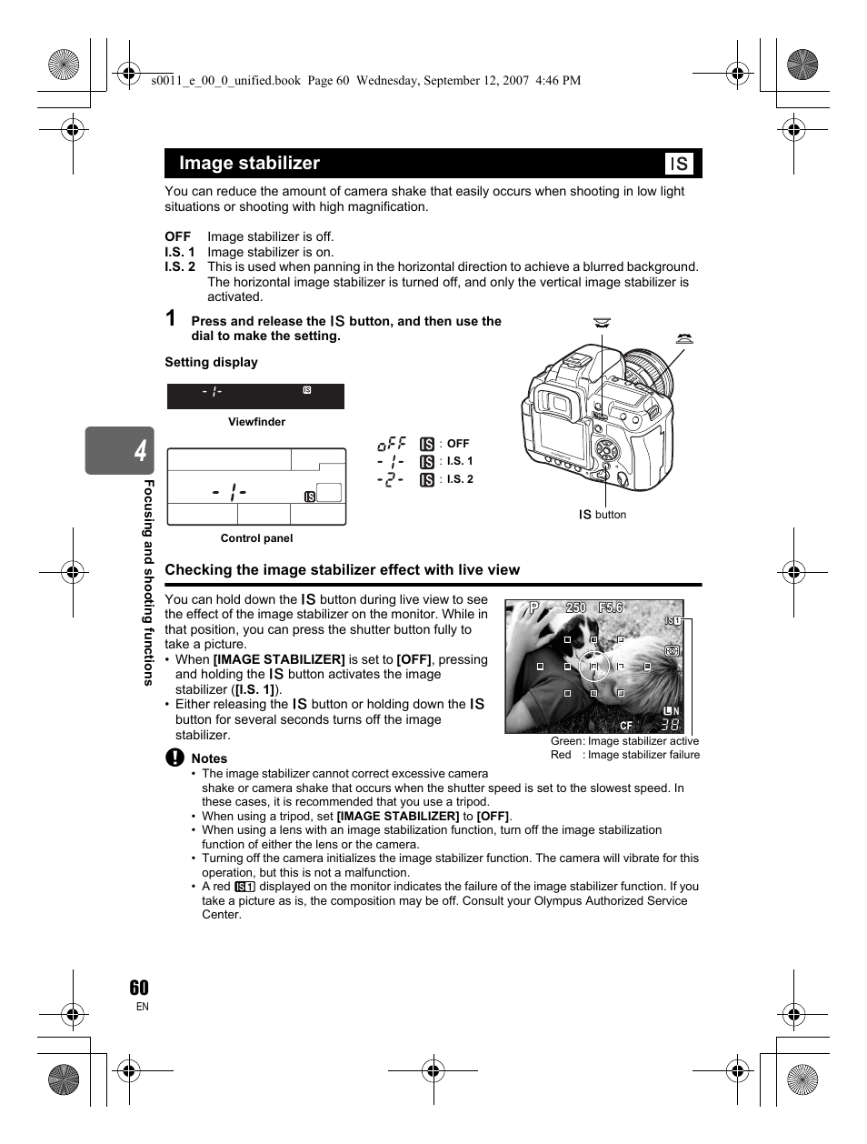 Image stabilizer | Olympus E-3 User Manual | Page 60 / 156