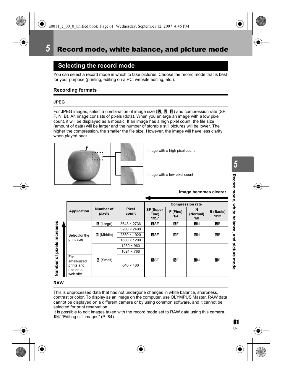 Record mode, white balance, and picture mode, Selecting the record mode | Olympus E-3 User Manual | Page 61 / 156