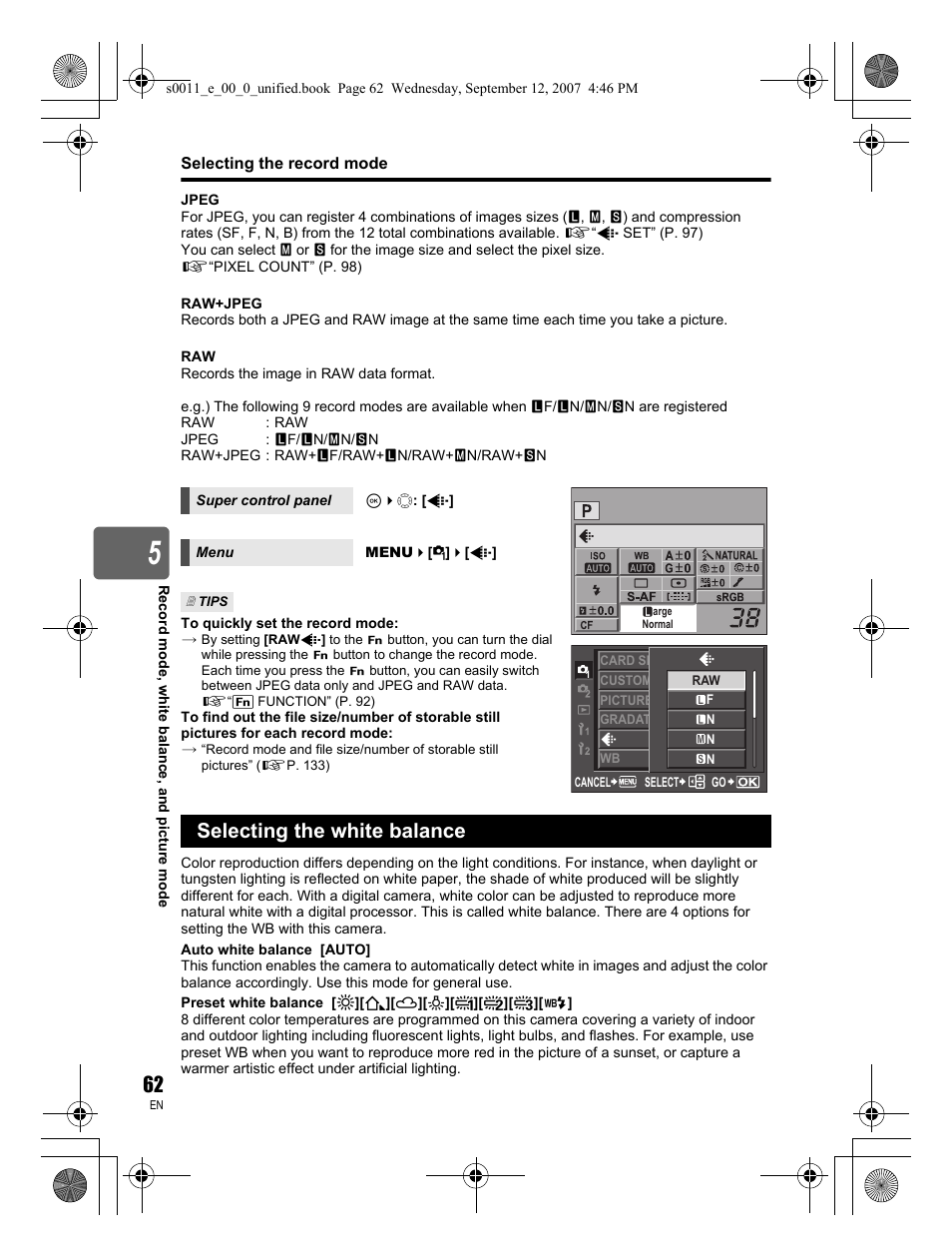 Selecting the white balance | Olympus E-3 User Manual | Page 62 / 156