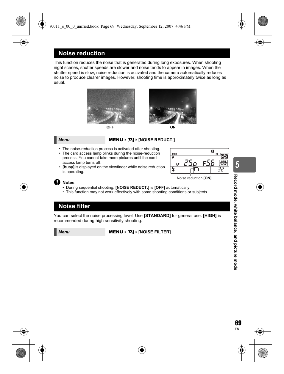 Noise reduction, Noise filter | Olympus E-3 User Manual | Page 69 / 156