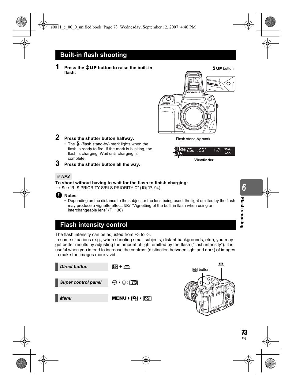 Built-in flash shooting, Flash intensity control | Olympus E-3 User Manual | Page 73 / 156