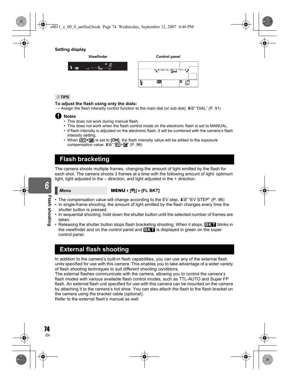 Flash bracketing, External flash shooting | Olympus E-3 User Manual | Page 74 / 156