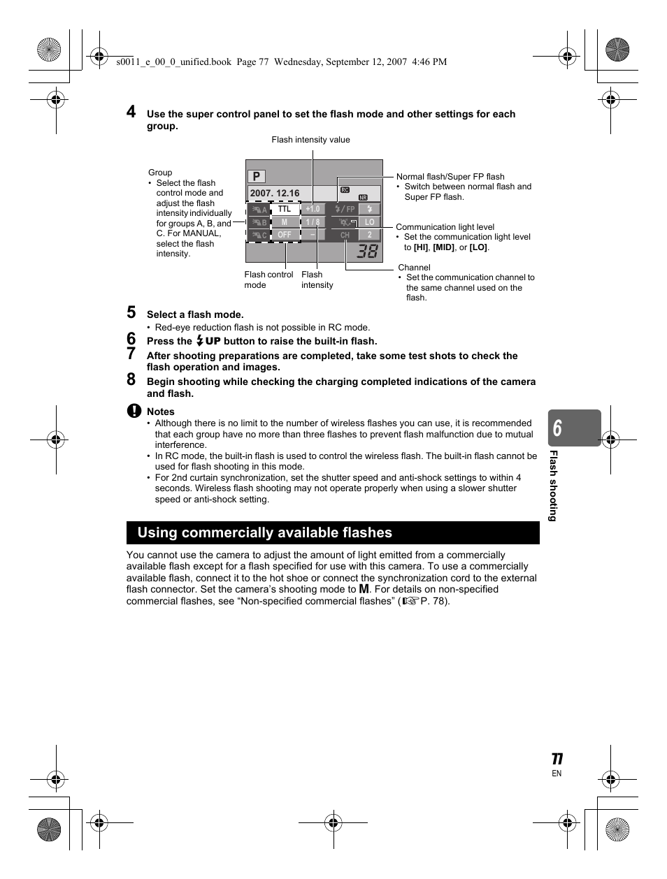 Using commercially available flashes | Olympus E-3 User Manual | Page 77 / 156