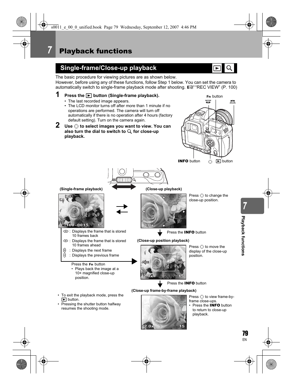 Playback functions, Single-frame/close-up playback | Olympus E-3 User Manual | Page 79 / 156