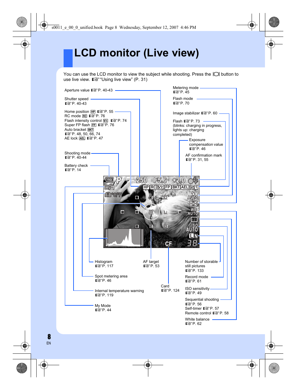 Lcd monitor (live view), Auto, Auto l n n | Olympus E-3 User Manual | Page 8 / 156