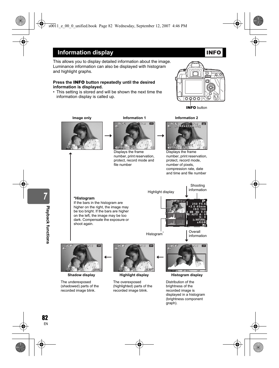 Information display, Playback functions | Olympus E-3 User Manual | Page 82 / 156