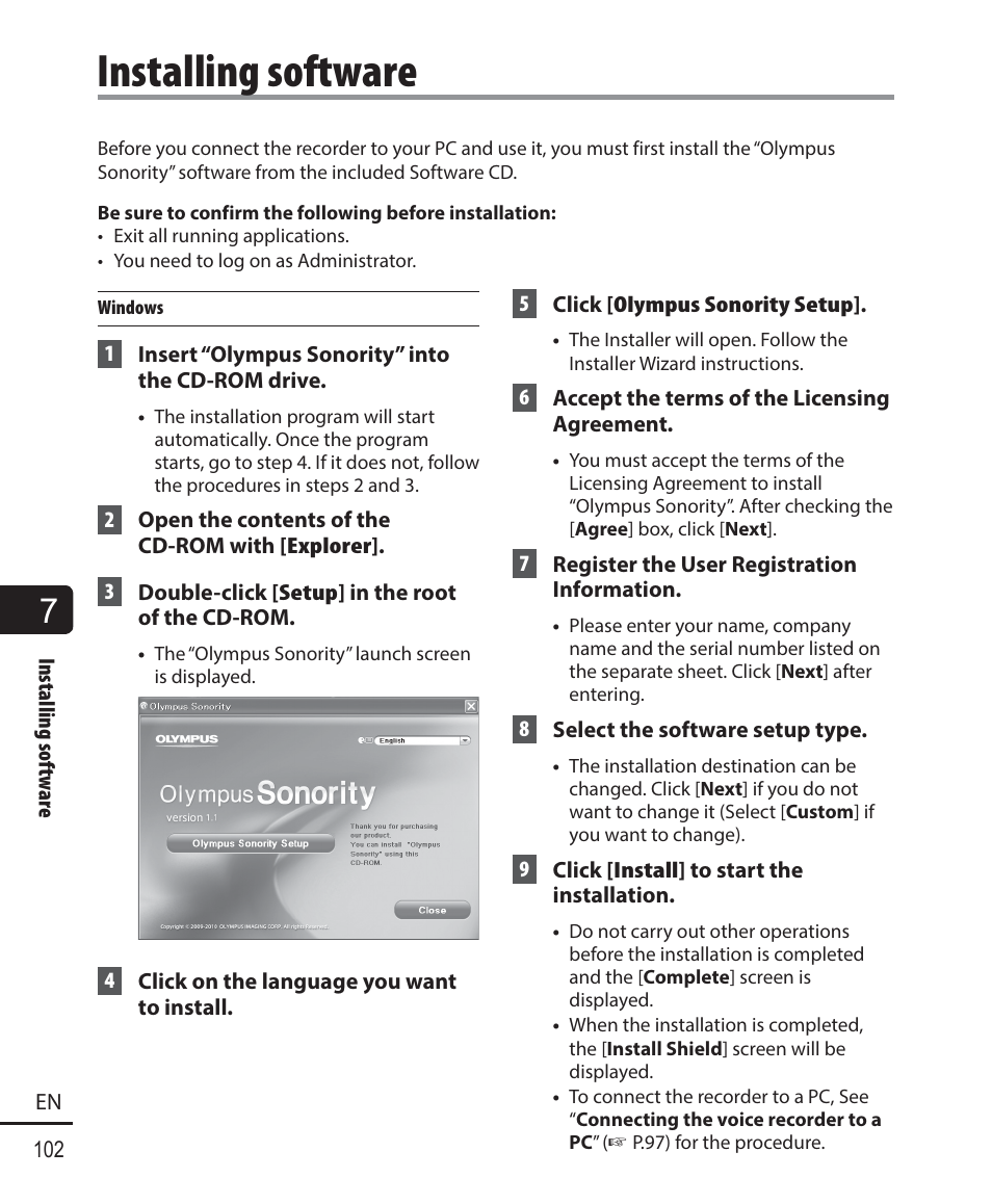 Installing software | Olympus DM-901 User Manual | Page 102 / 133