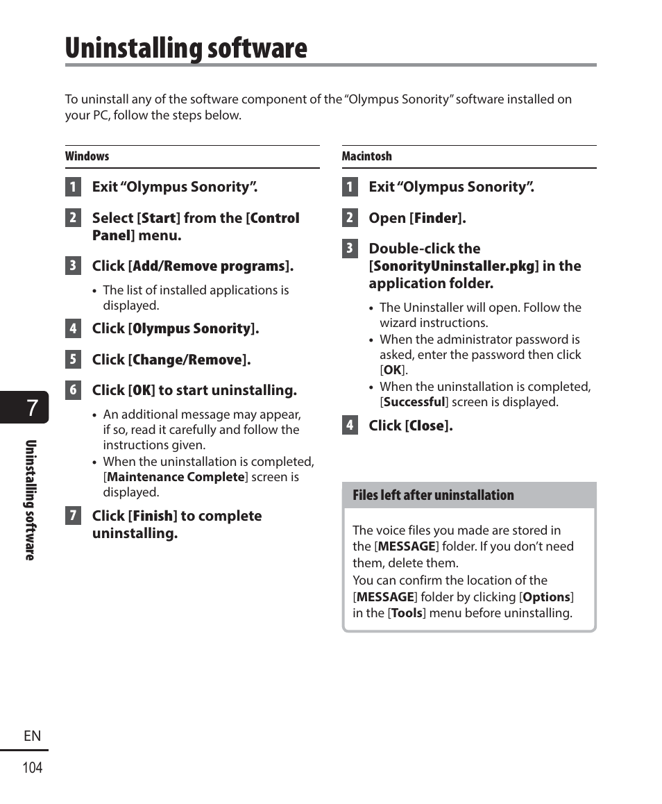 Uninstalling software | Olympus DM-901 User Manual | Page 104 / 133