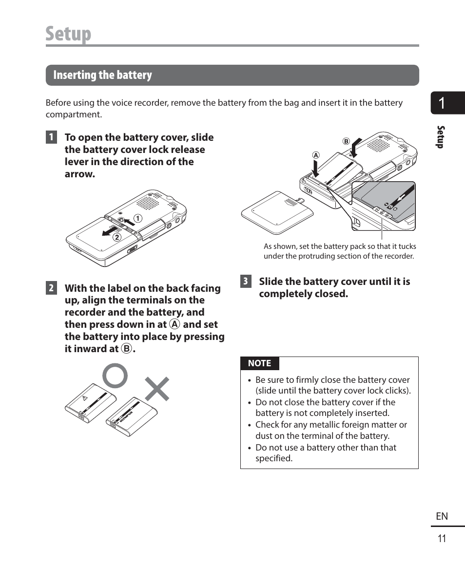 Setup, Inserting the battery | Olympus DM-901 User Manual | Page 11 / 133