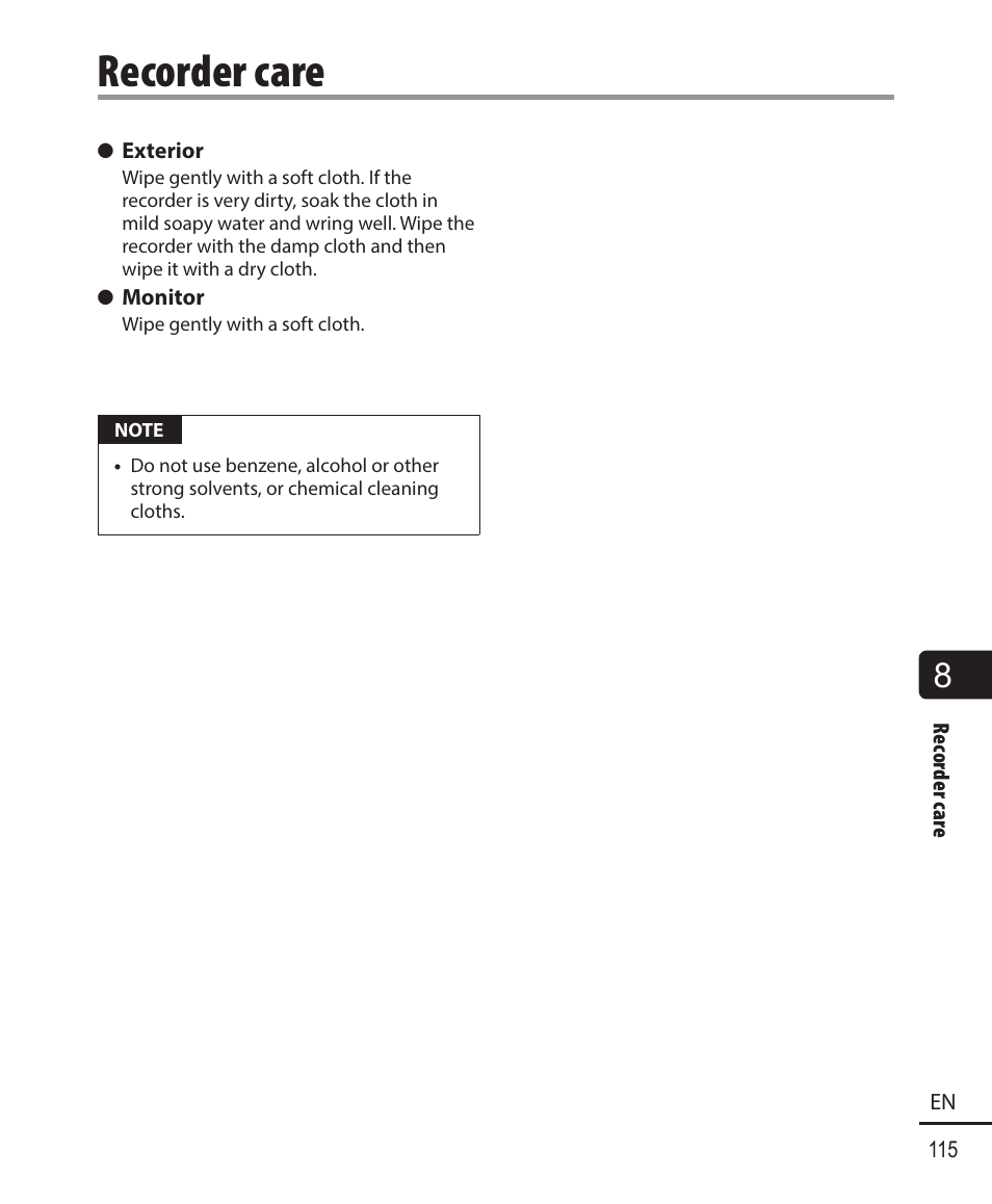 Recorder care | Olympus DM-901 User Manual | Page 115 / 133