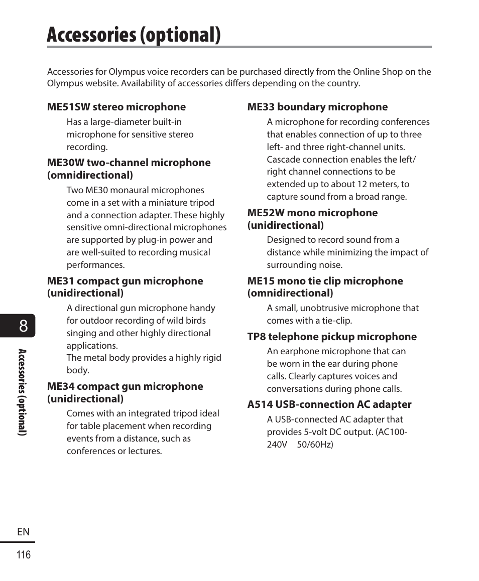 Accessories (optional) | Olympus DM-901 User Manual | Page 116 / 133