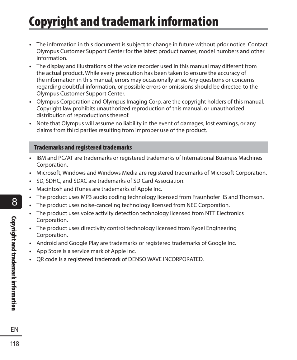 Copyright and trademark information | Olympus DM-901 User Manual | Page 118 / 133