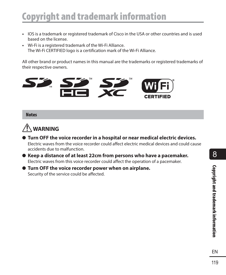 Copyright and trademark information | Olympus DM-901 User Manual | Page 119 / 133