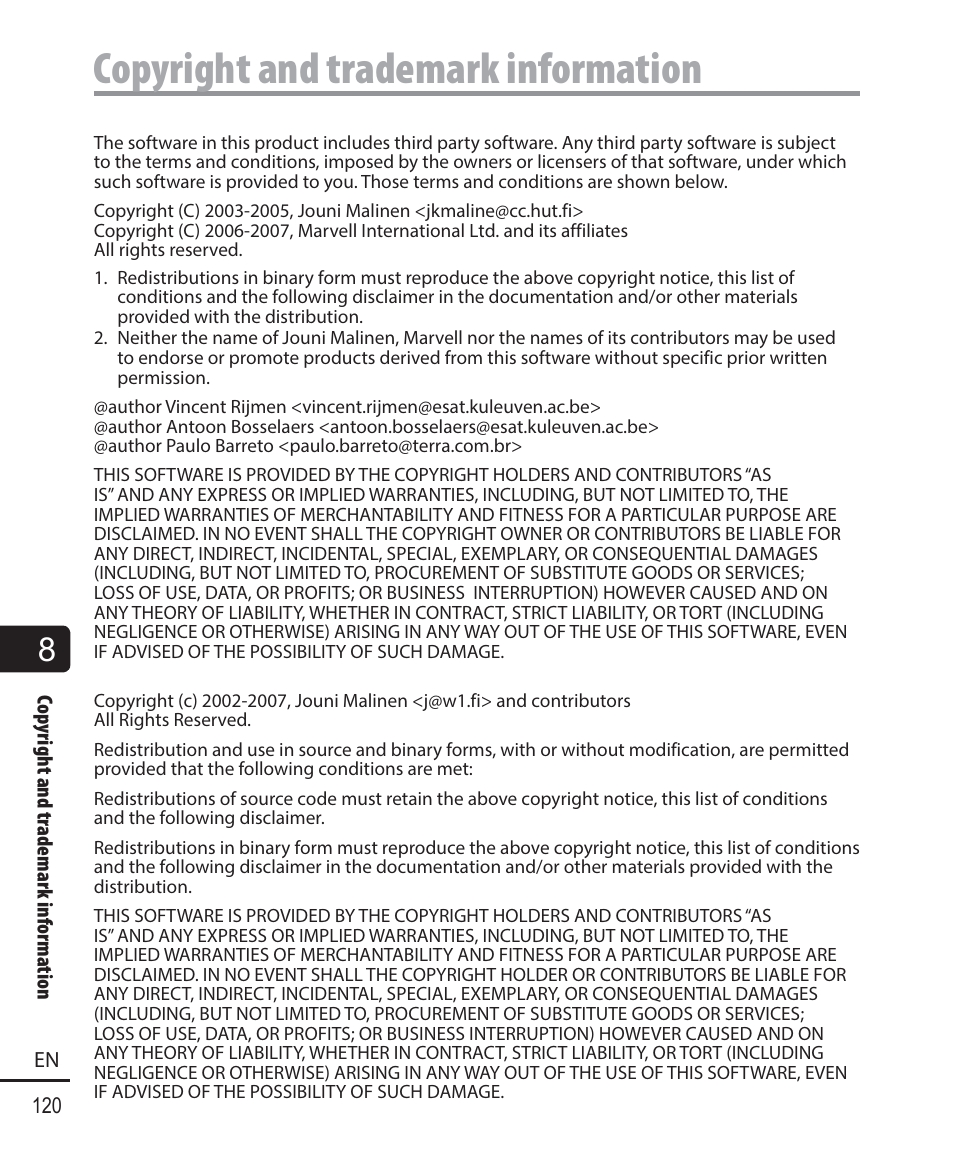Copyright and trademark information | Olympus DM-901 User Manual | Page 120 / 133