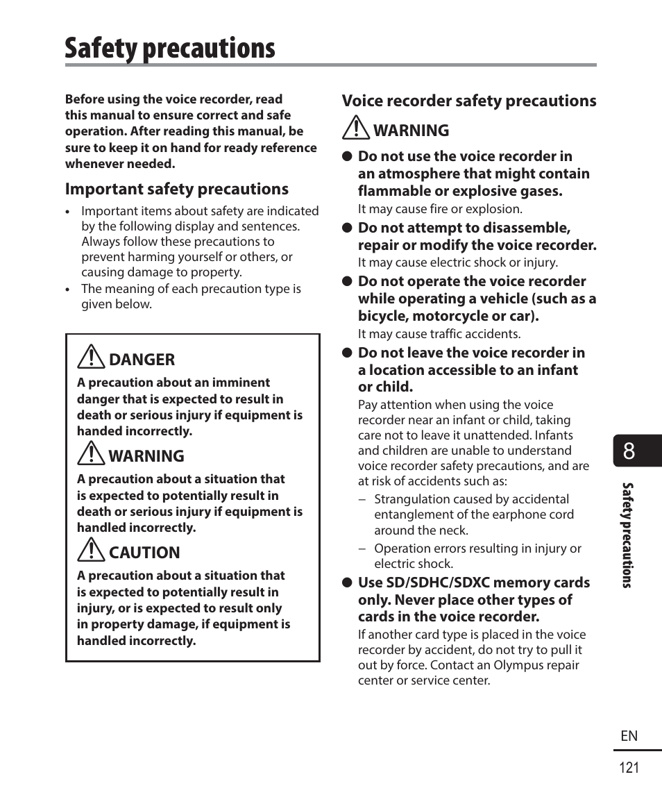 Safety precautions | Olympus DM-901 User Manual | Page 121 / 133