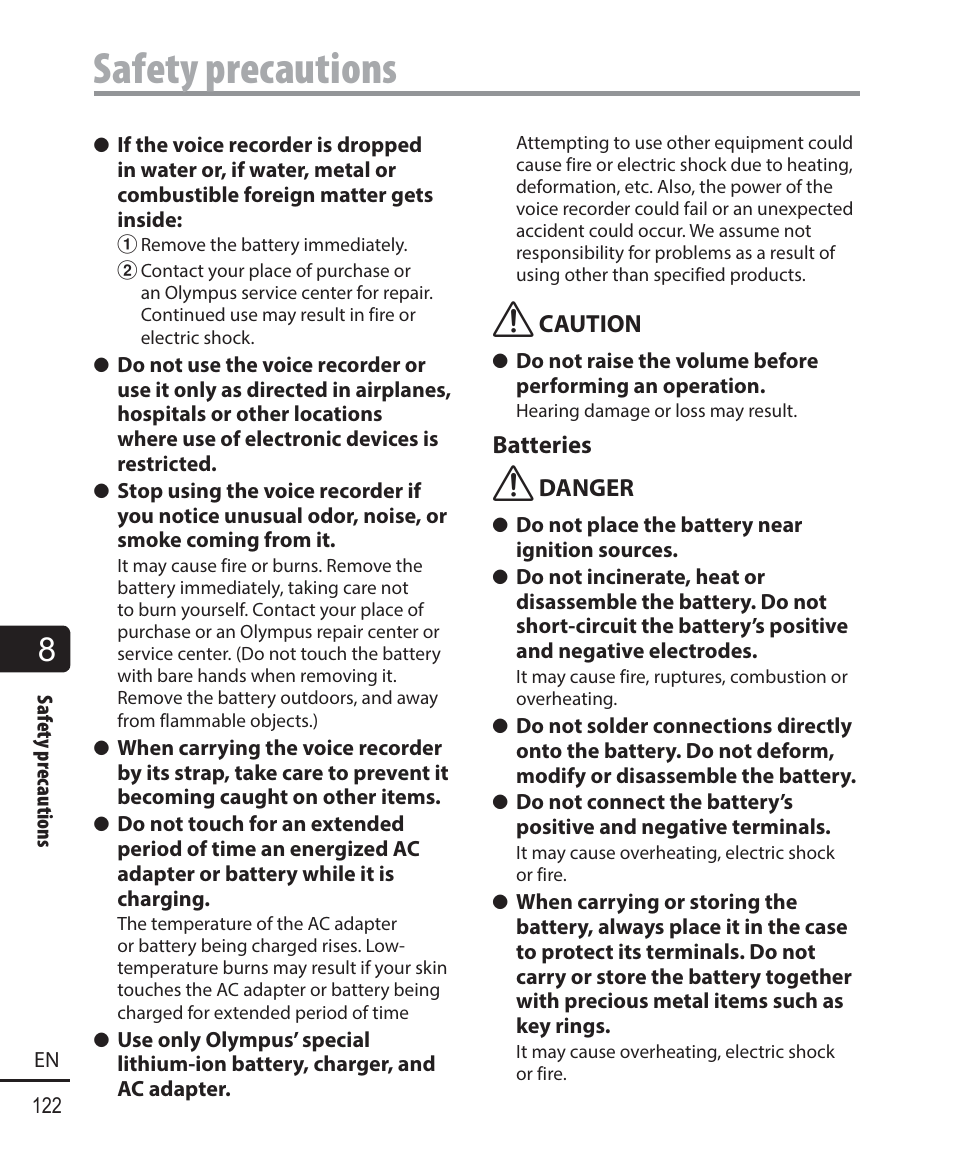 Safety precautions | Olympus DM-901 User Manual | Page 122 / 133