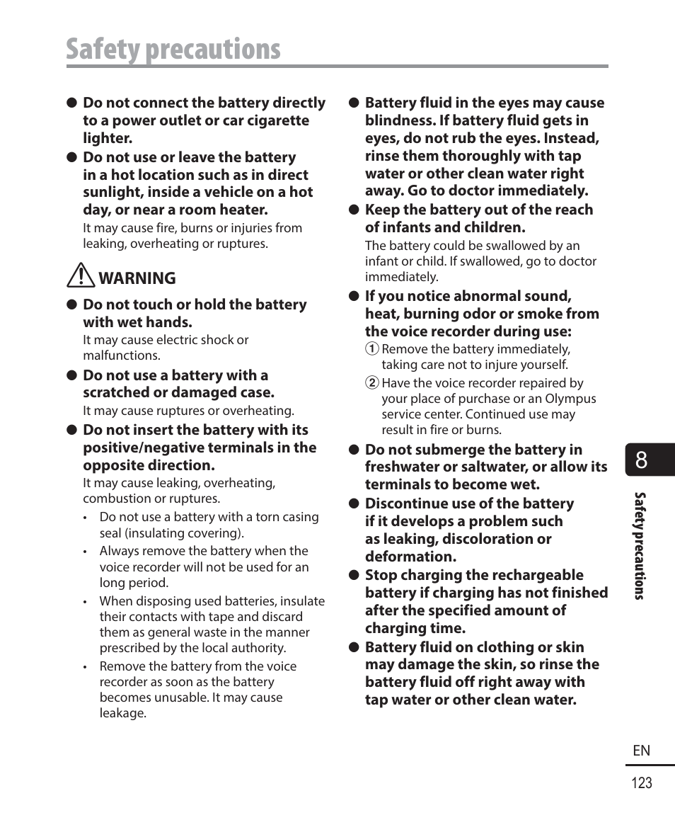 Safety precautions | Olympus DM-901 User Manual | Page 123 / 133