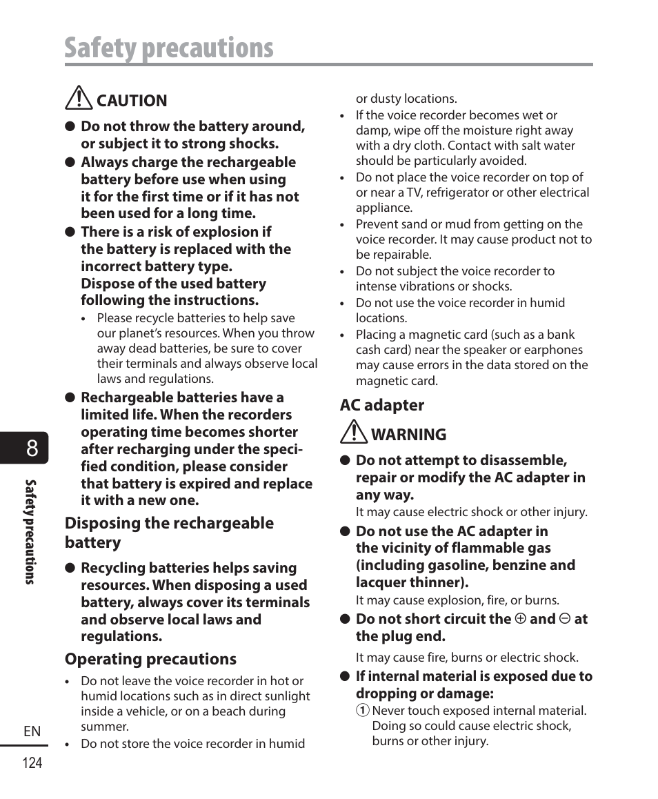 Safety precautions | Olympus DM-901 User Manual | Page 124 / 133