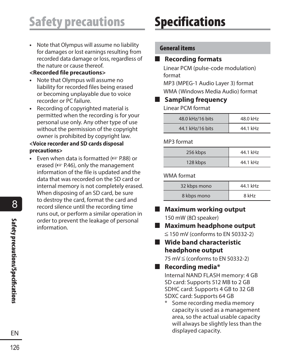 Safety precautions, Specifications | Olympus DM-901 User Manual | Page 126 / 133