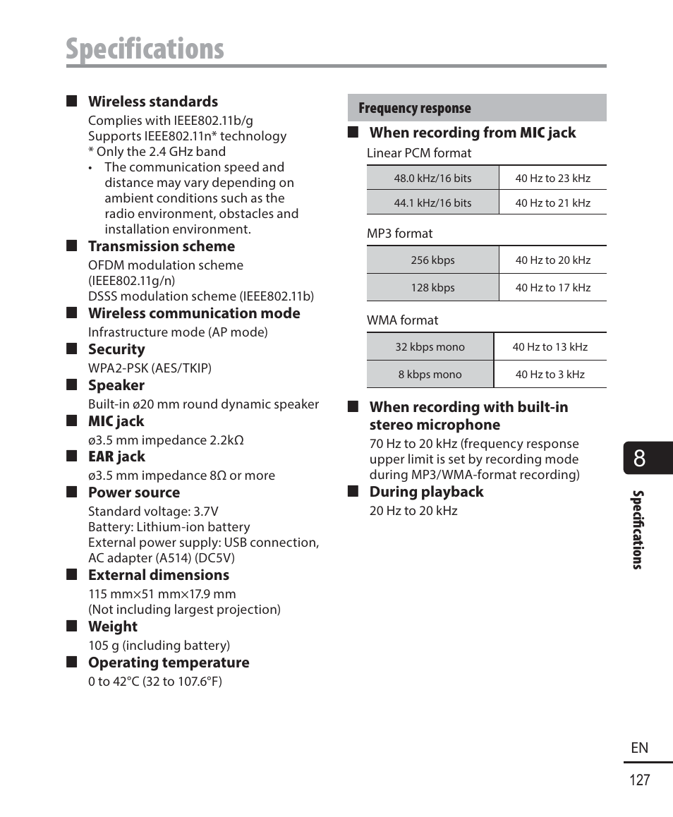 Specifications | Olympus DM-901 User Manual | Page 127 / 133