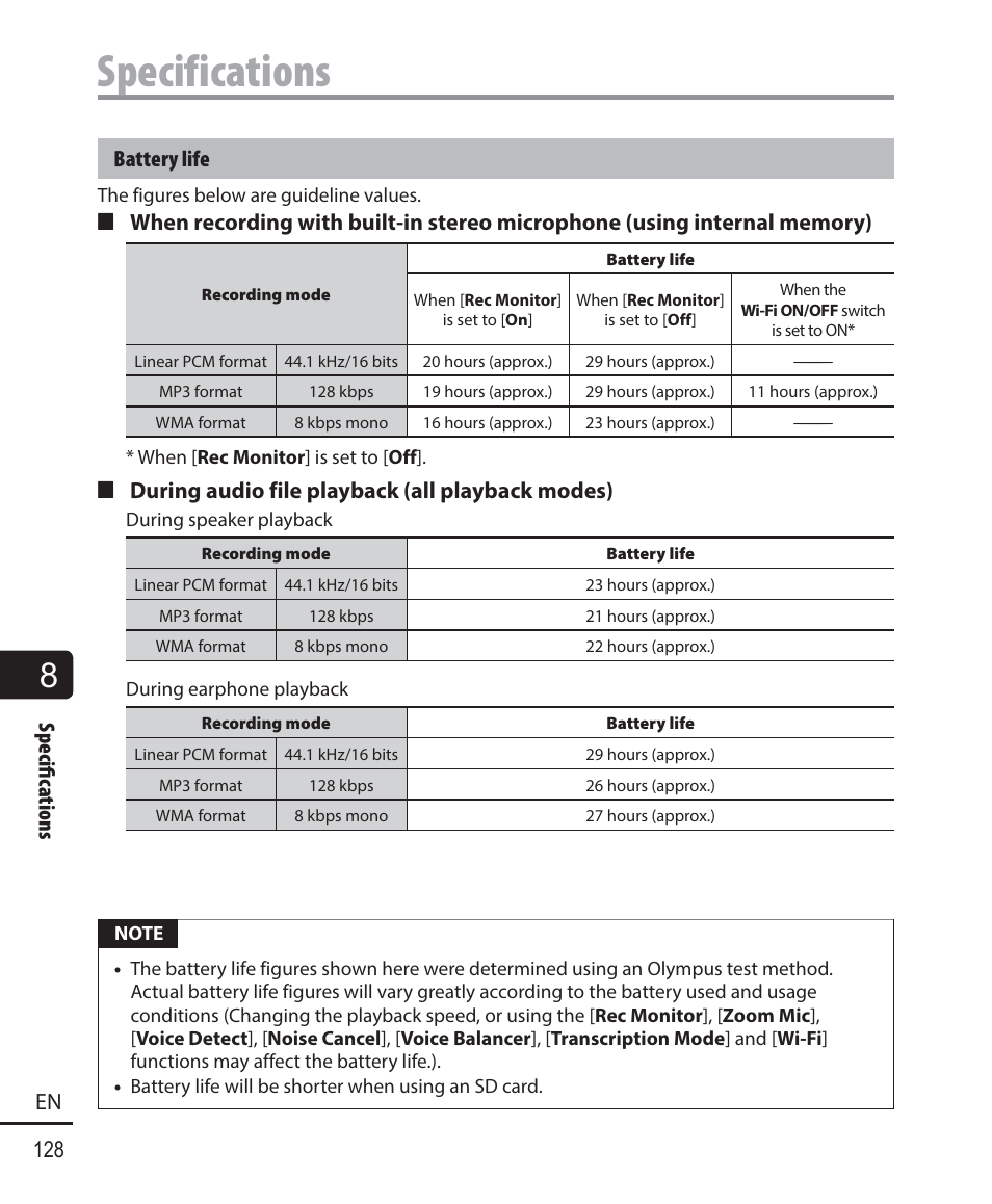 Specifications, 128 en specifi c ations, Battery life | 4 during audio file playback (all playback modes) | Olympus DM-901 User Manual | Page 128 / 133