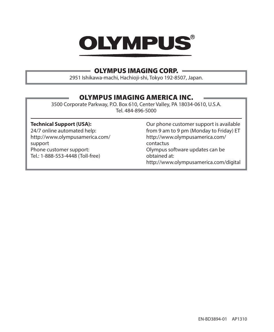 Olympus imaging corp, Olympus imaging america inc | Olympus DM-901 User Manual | Page 133 / 133