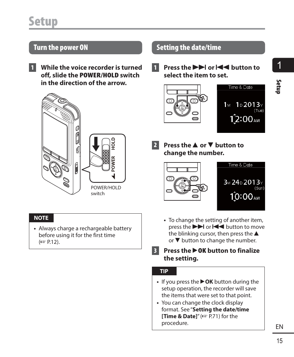 Setup, Turn the power on, Setting the date/time | Olympus DM-901 User Manual | Page 15 / 133