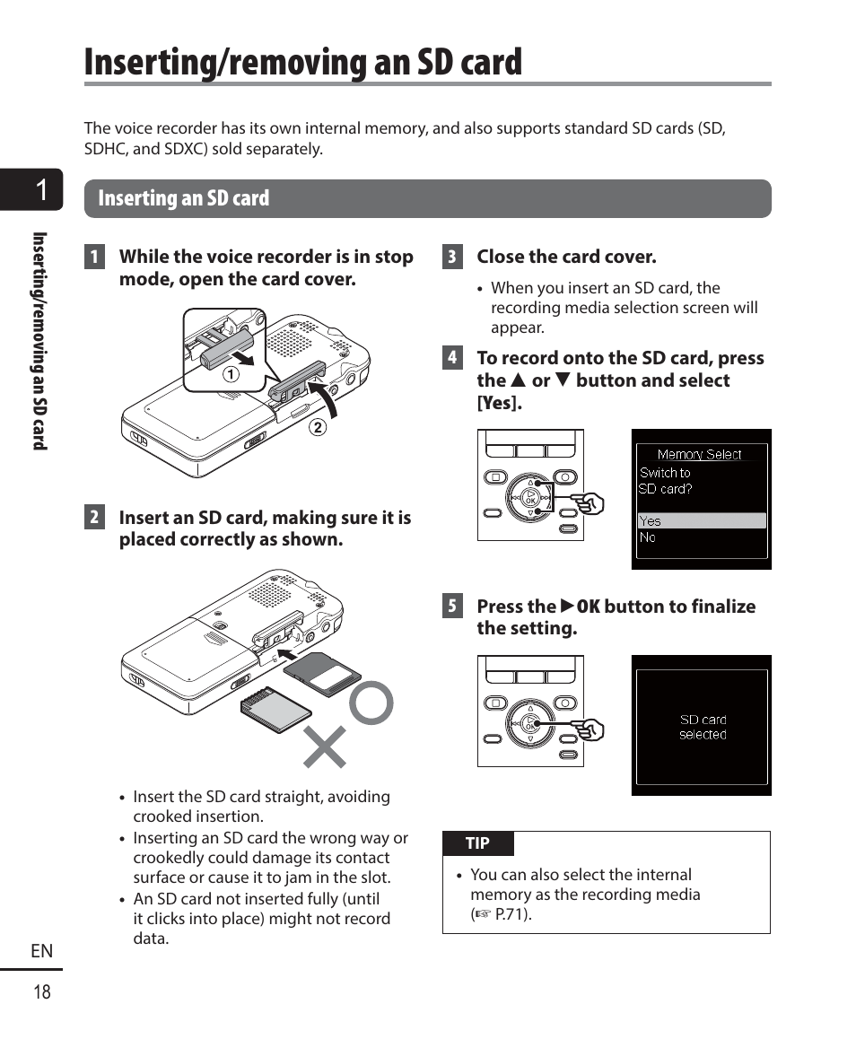 Inserting/removing an sd card, Inserting an sd card | Olympus DM-901 User Manual | Page 18 / 133