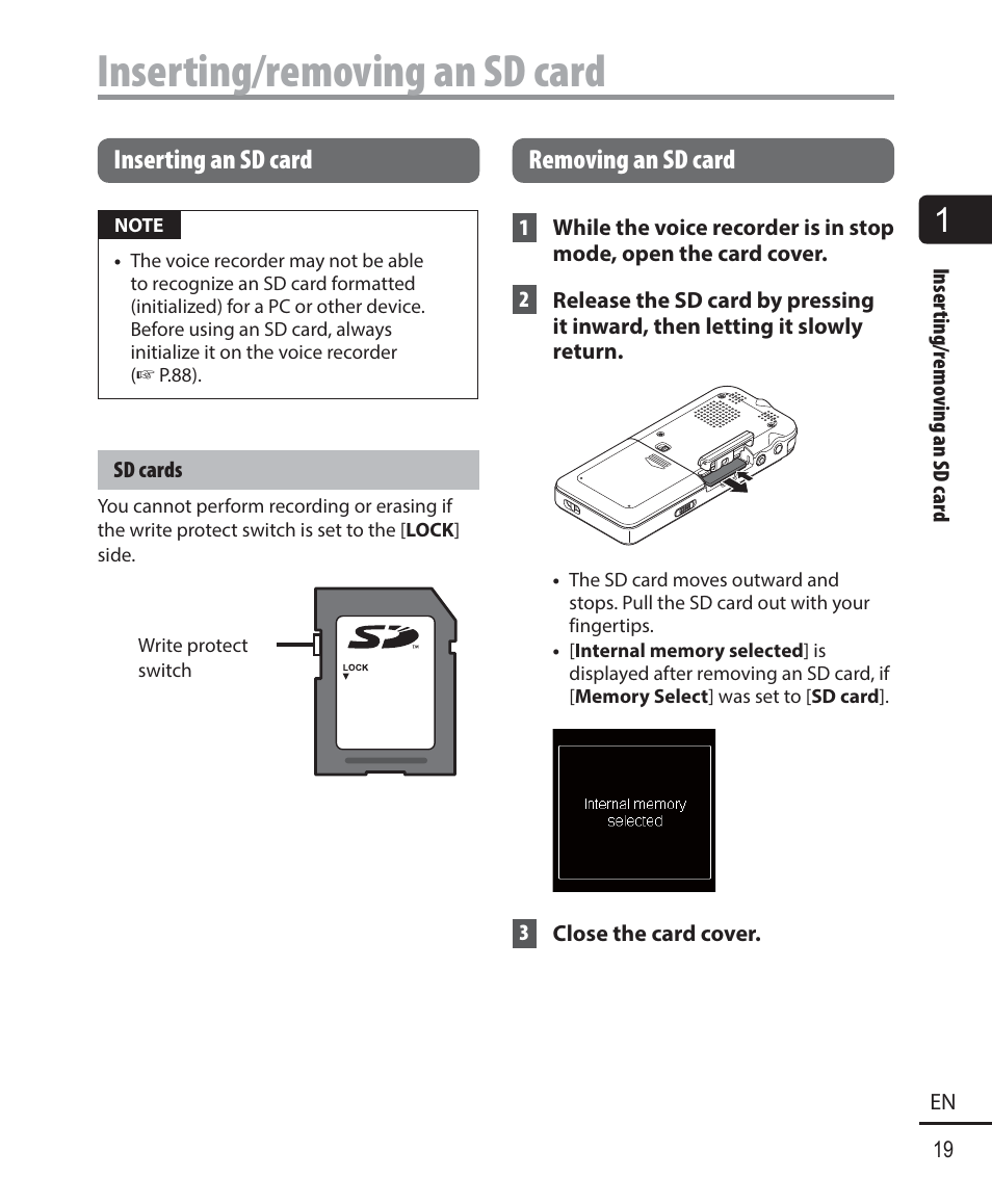 Inserting/removing an sd card, Inserting an sd card, Removing an sd card | Olympus DM-901 User Manual | Page 19 / 133
