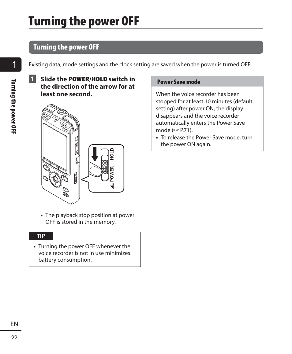 Turning the power off | Olympus DM-901 User Manual | Page 22 / 133