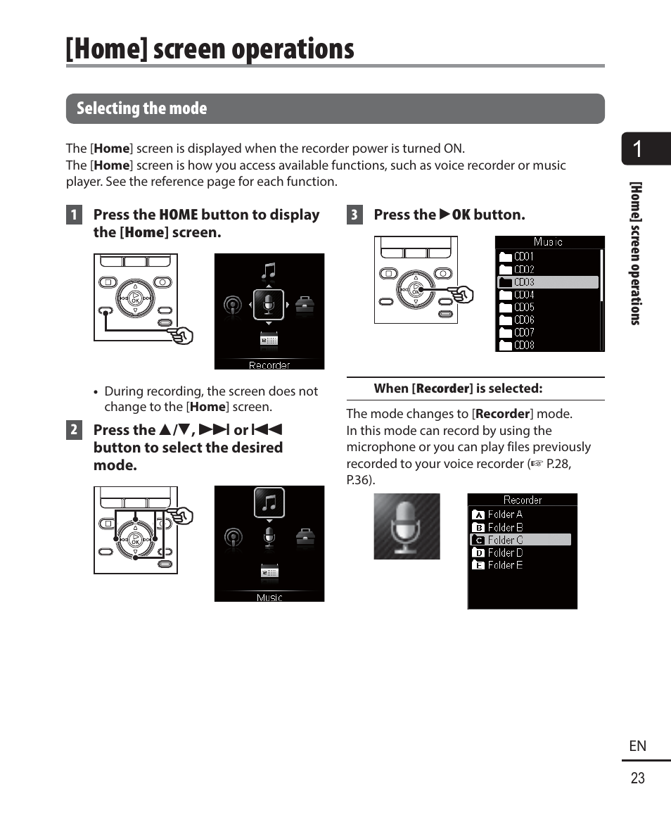 Home] screen operations | Olympus DM-901 User Manual | Page 23 / 133