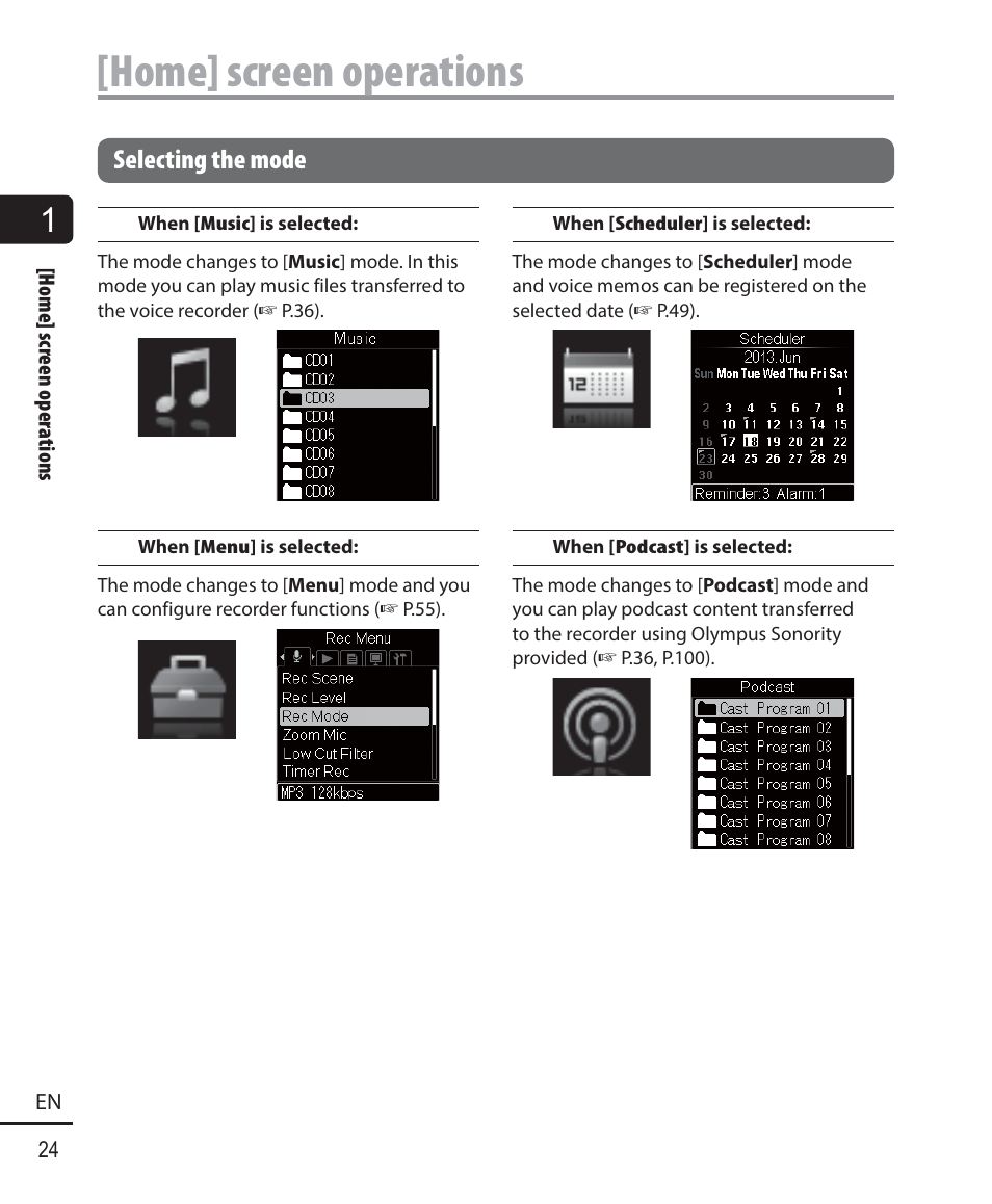 Home] screen operations | Olympus DM-901 User Manual | Page 24 / 133