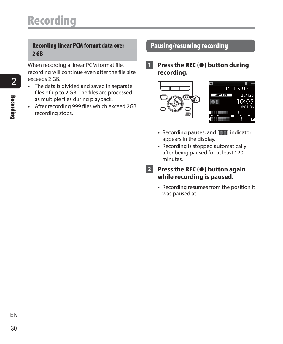 Recording, Pausing/resuming recording | Olympus DM-901 User Manual | Page 30 / 133