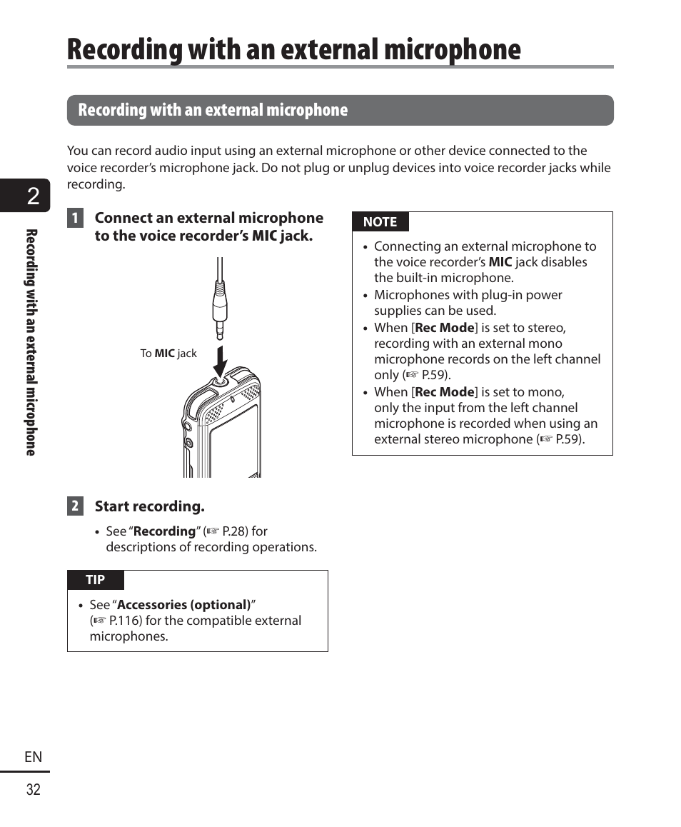 Recording with an external microphone | Olympus DM-901 User Manual | Page 32 / 133