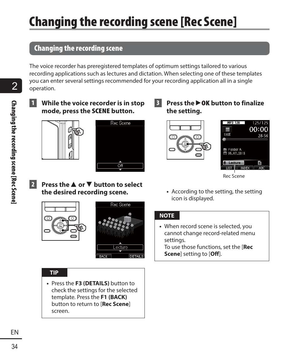Changing the recording scene [rec scene, Changing the recording scene | Olympus DM-901 User Manual | Page 34 / 133