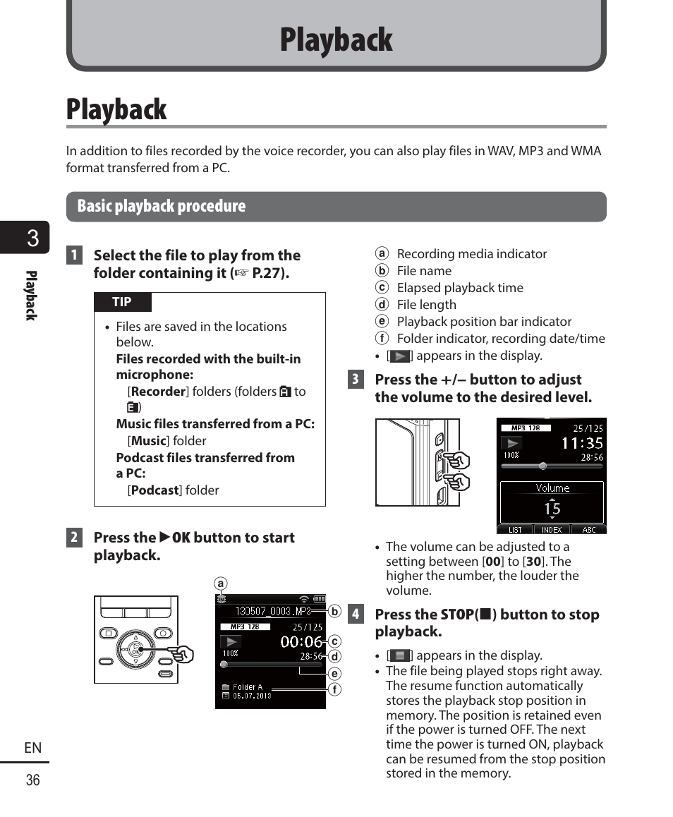 Playback, Basic playback procedure | Olympus DM-901 User Manual | Page 36 / 133