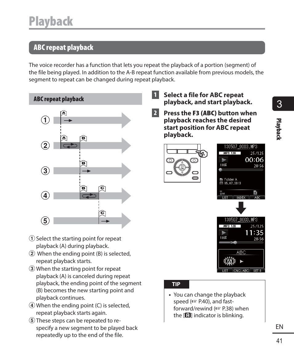 Playback, Abc repeat playback | Olympus DM-901 User Manual | Page 41 / 133