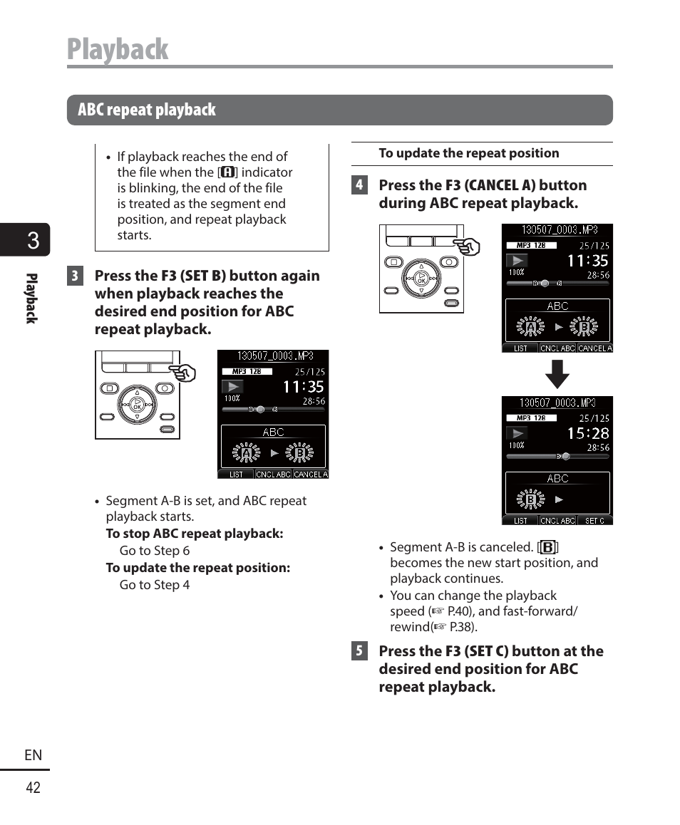 Playback, Abc repeat playback | Olympus DM-901 User Manual | Page 42 / 133