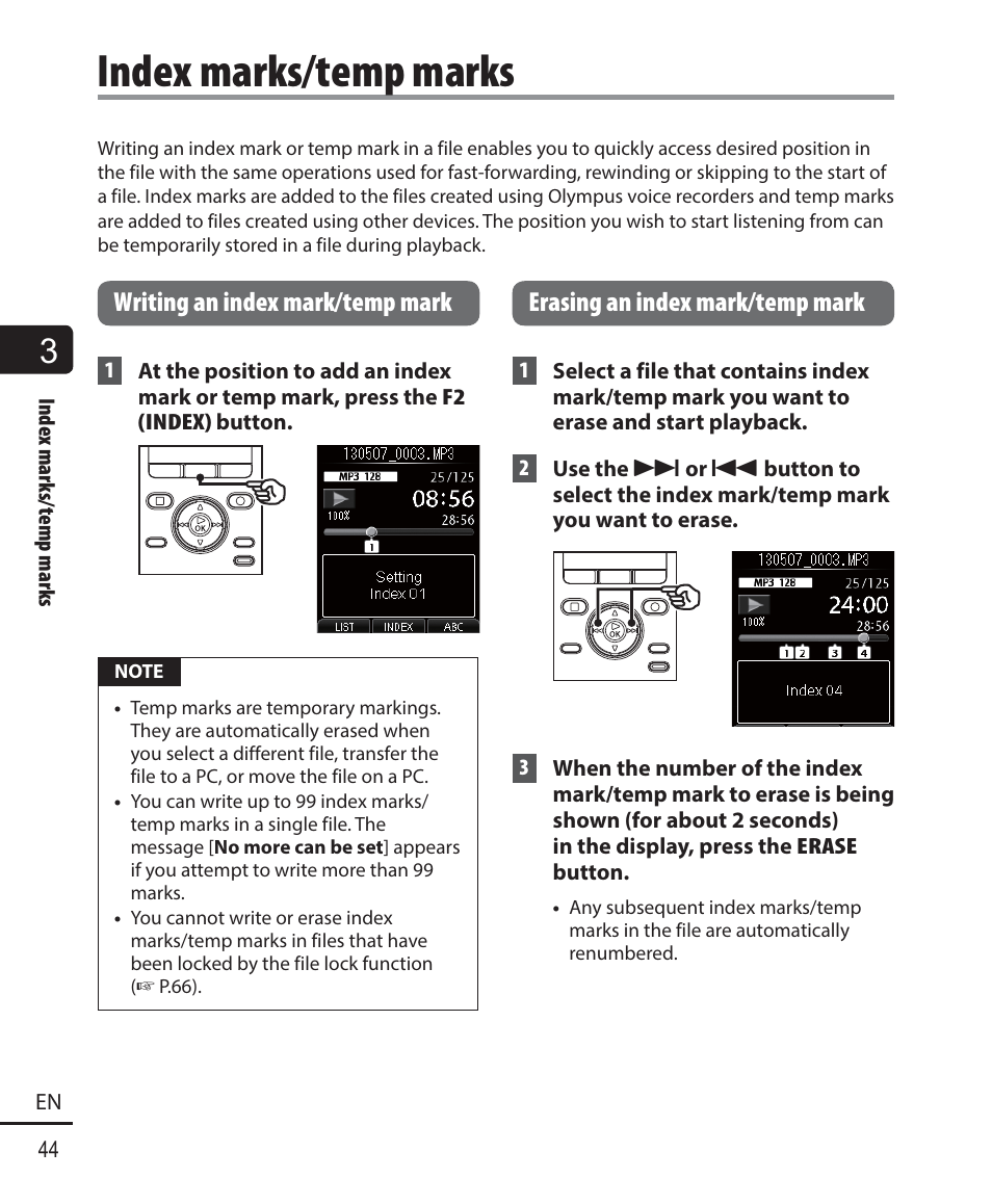 Index marks/temp marks, Writing an index mark/temp mark, Erasing an index mark/temp mark | Olympus DM-901 User Manual | Page 44 / 133