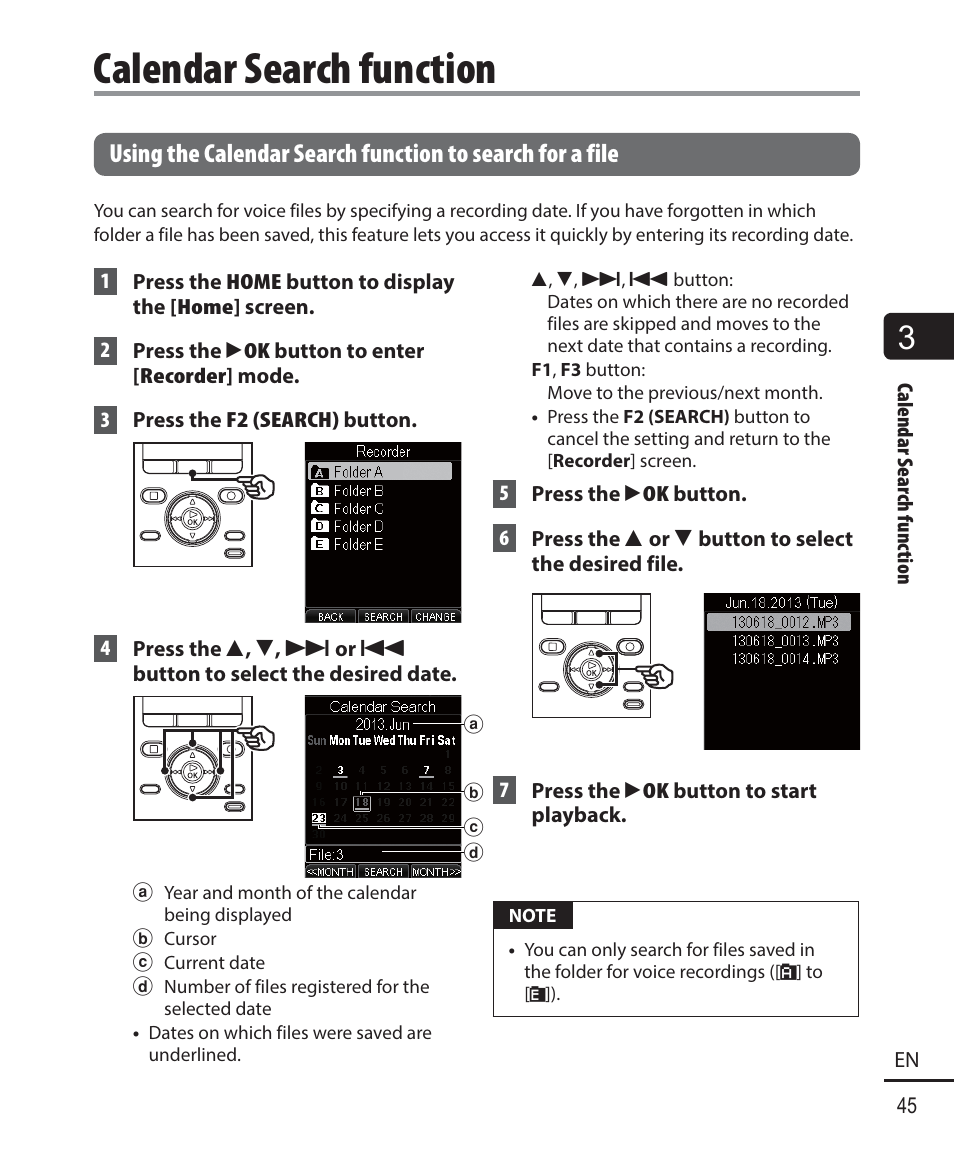 Calendar search function | Olympus DM-901 User Manual | Page 45 / 133