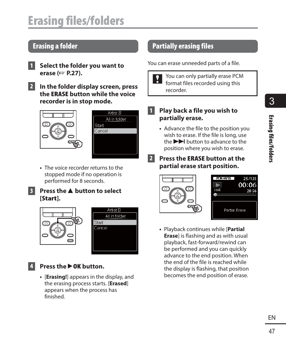 Erasing files/folders, Erasing a folder, Partially erasing files | Olympus DM-901 User Manual | Page 47 / 133