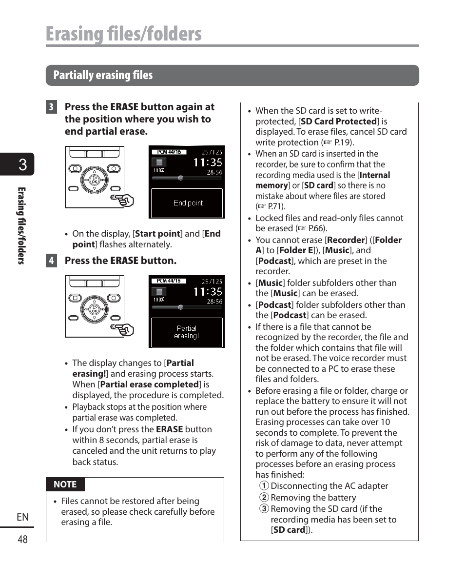 Erasing files/folders, Partially erasing files | Olympus DM-901 User Manual | Page 48 / 133