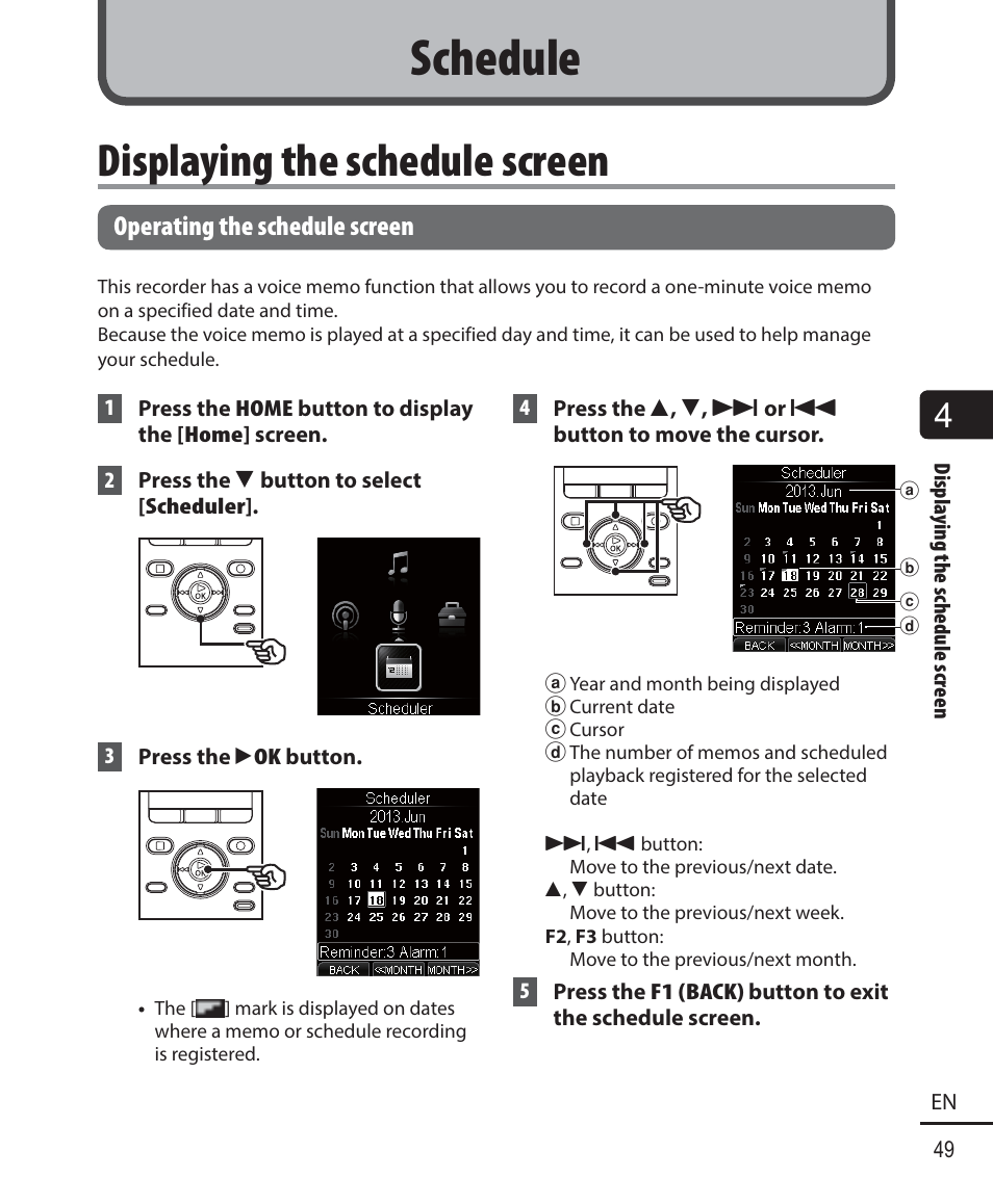 Schedule, Displaying the schedule screen, Operating the schedule screen | Olympus DM-901 User Manual | Page 49 / 133