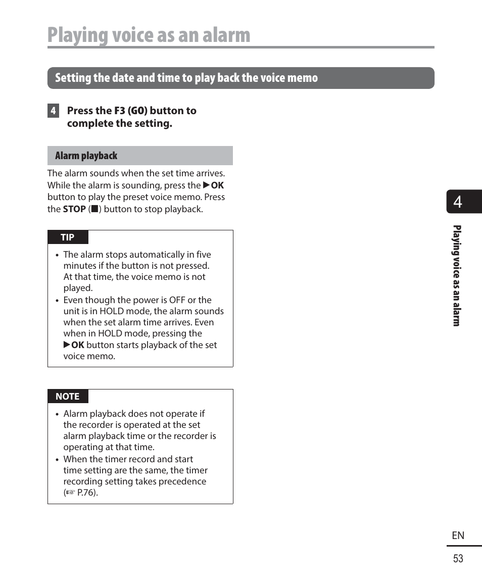 Playing voice as an alarm | Olympus DM-901 User Manual | Page 53 / 133