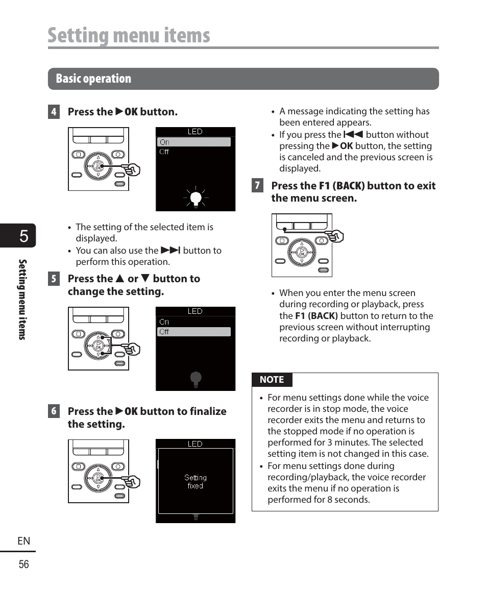 Setting menu items, Basic operation | Olympus DM-901 User Manual | Page 56 / 133