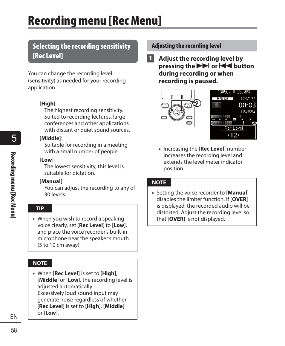 Recording menu [rec menu, Selecting the recording sensitivity [rec level | Olympus DM-901 User Manual | Page 58 / 133