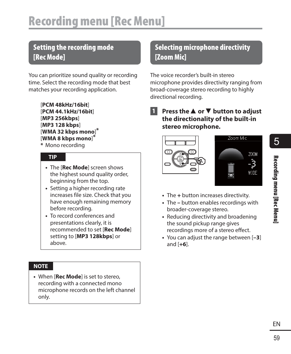 Recording menu [rec menu, Setting the recording mode [rec mode, Selecting microphone directivity [zoom mic | Olympus DM-901 User Manual | Page 59 / 133