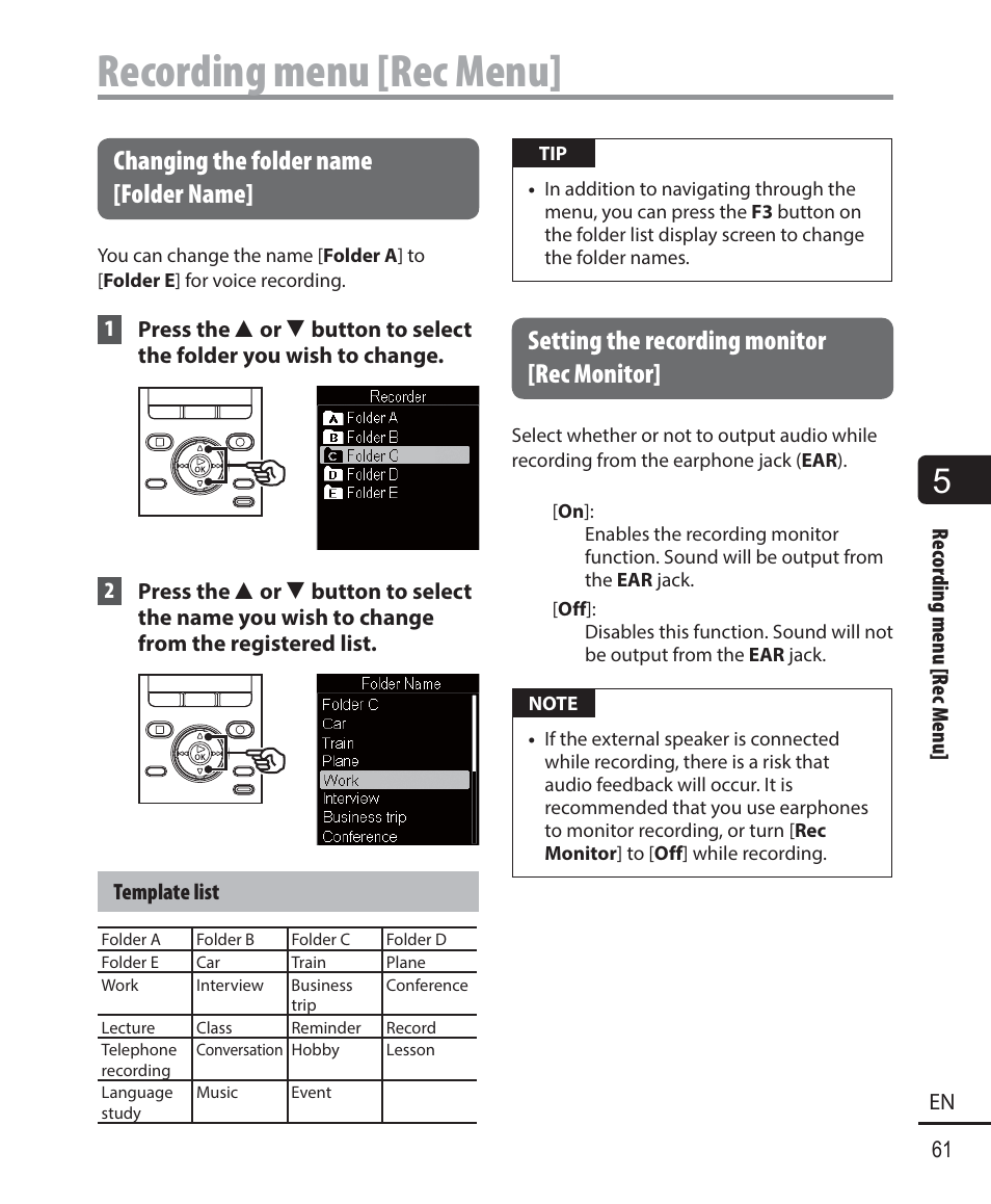Recording menu [rec menu, Changing the folder name [folder name, Setting the recording monitor [rec monitor | Olympus DM-901 User Manual | Page 61 / 133