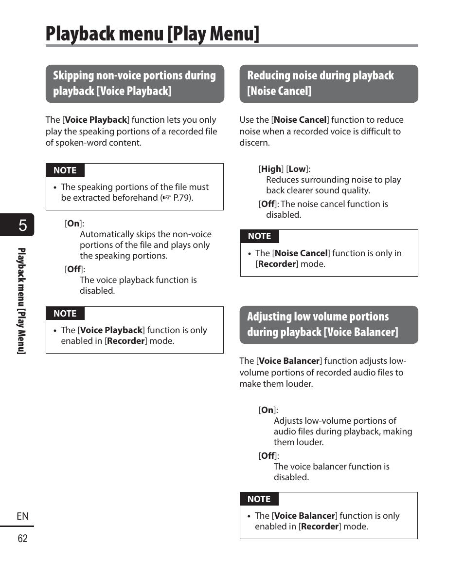 Playback menu [play menu, Reducing noise during playback [noise cancel | Olympus DM-901 User Manual | Page 62 / 133