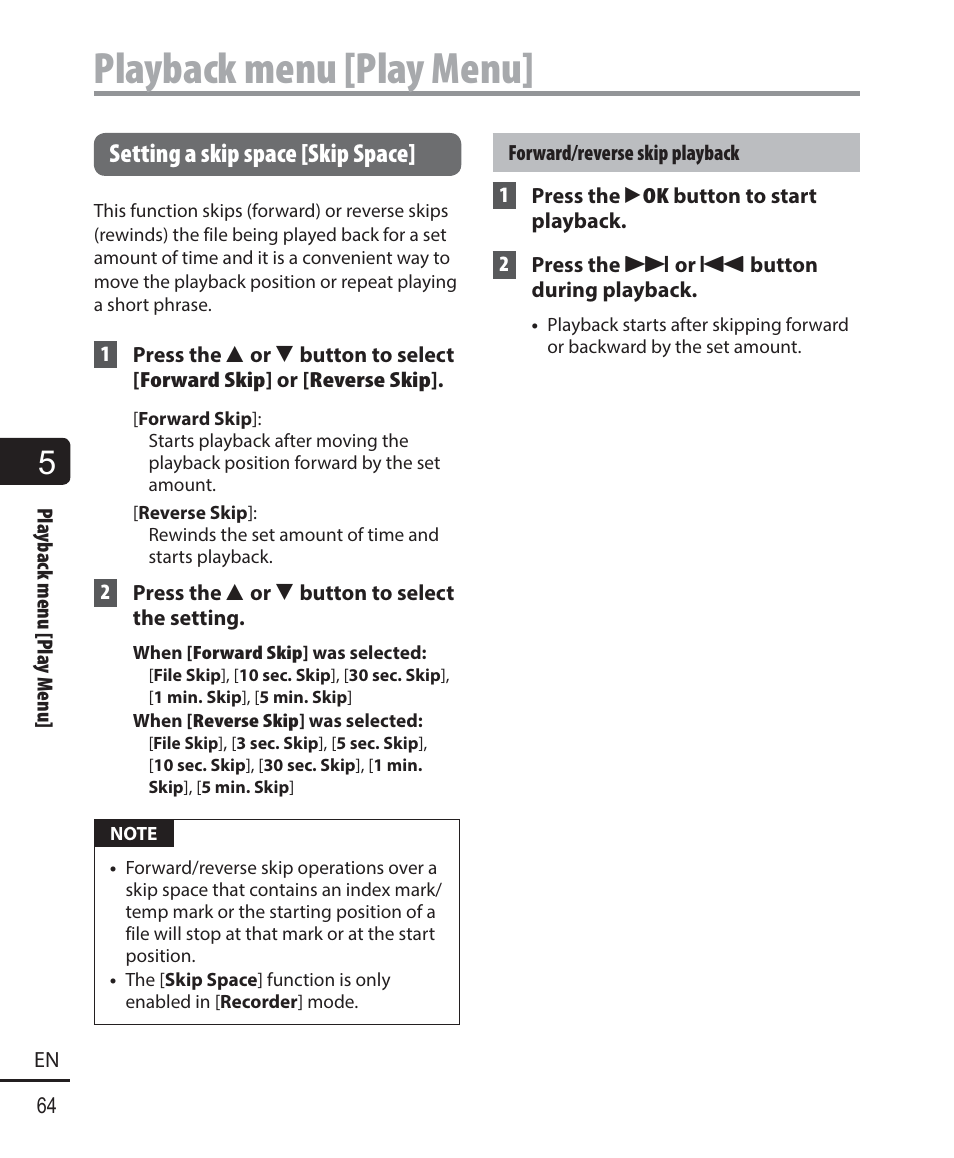 Playback menu [play menu, Setting a skip space [skip space | Olympus DM-901 User Manual | Page 64 / 133